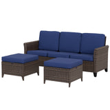 Ocean Vista Outdoor Wicker Couch Sofa with 2 Ottomans, Set of 3, Beige/Blue - Eagle Peak Custom Canopy Tent