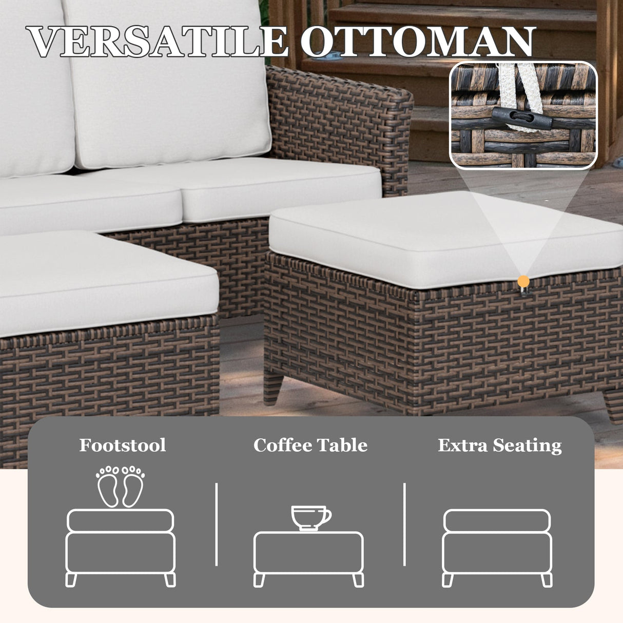 Ocean Vista Outdoor Wicker Loveseat Sofa with 2 Ottomans, Set of 3, Brown/Beige - Eagle Peak Custom Canopy Tent