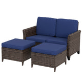 Ocean Vista Outdoor Wicker Loveseat Sofa with 2 Ottomans, Set of 3, Brown/Beige - Eagle Peak Custom Canopy Tent