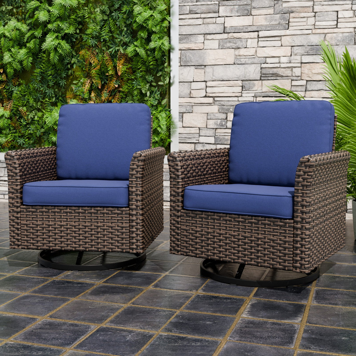 Ocean Vista Outdoor Wicker Patio Chairs Deep Cushions Rattan Furniture, Set of 2 Swivel Rocking Chairs, Beige/Blue - Eagle Peak Custom Canopy Tent