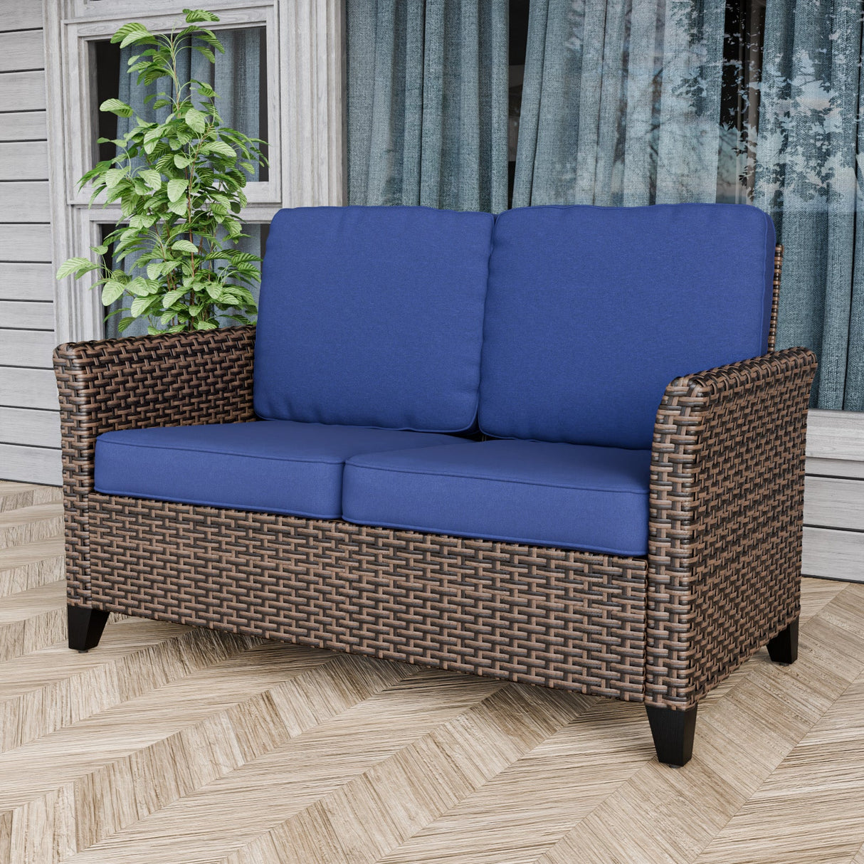 Ocean Vista Outdoor Wicker Patio Sofa Deep Cushions Rattan Loveseat, Beige/Blue - Eagle Peak Custom Canopy Tent