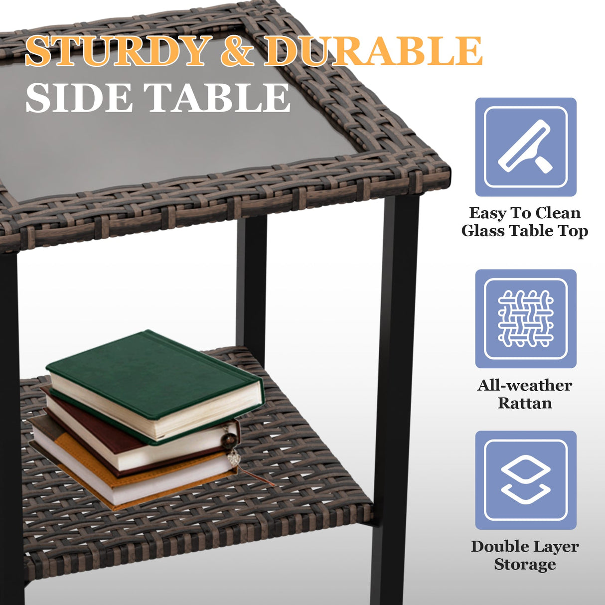 Ocean Vista Outdoor Wicker Side Table Tempered Glass Top, Brown - Eagle Peak Custom Canopy & Greenhouse