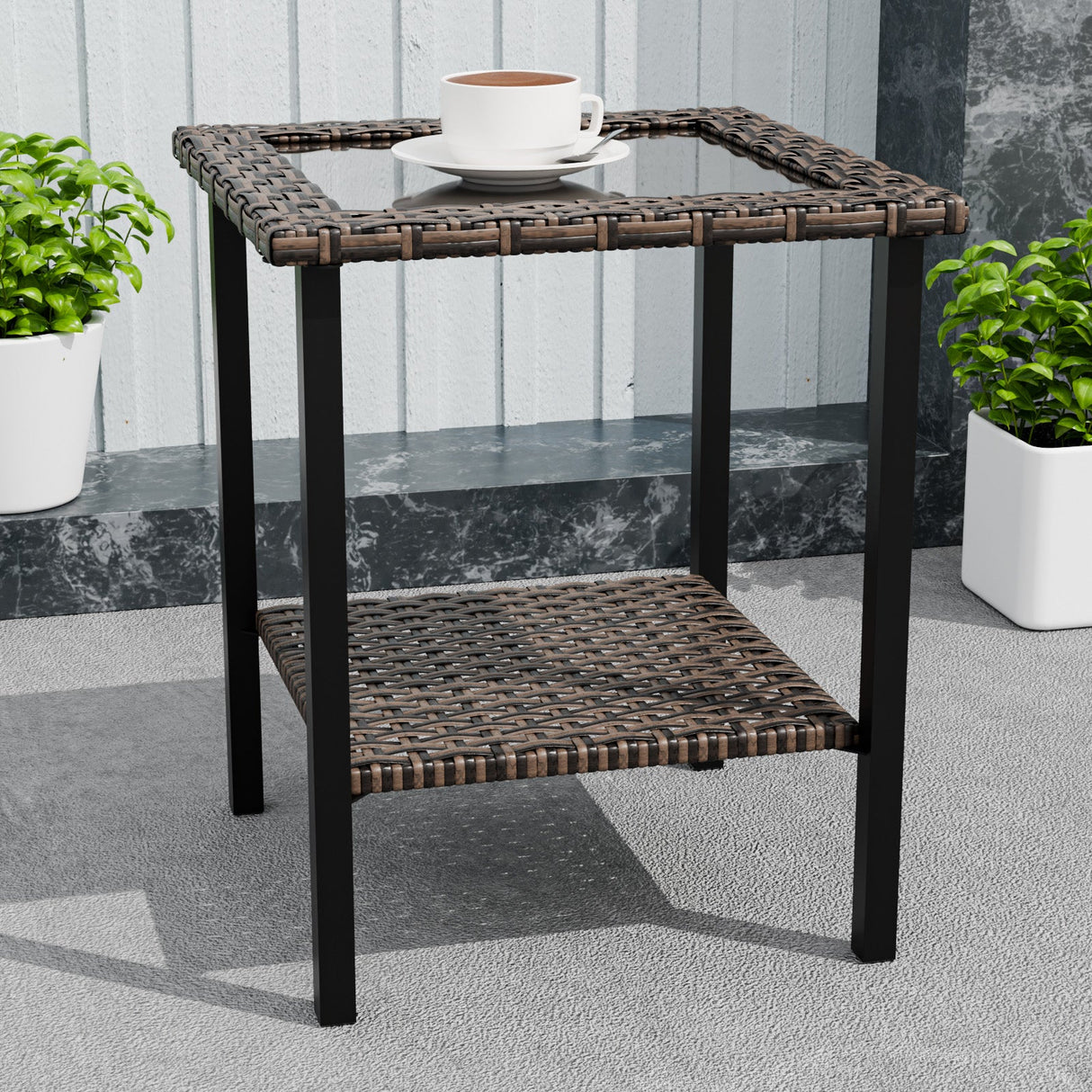 Ocean Vista Outdoor Wicker Side Table Tempered Glass Top, Brown - Eagle Peak Custom Canopy Tent