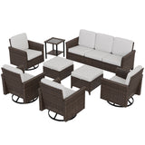 Ocean Vista Wicker Outdoor Patio Furniture Set, 4 Swivel Chairs Couch Ottomans Table, 8 Piece, Beige/Blue - Eagle Peak Custom Canopy Tent