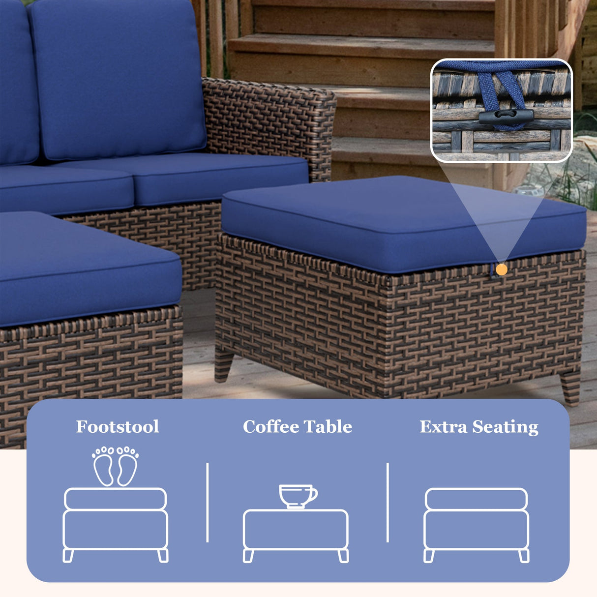 Ocean Vista Wicker Outdoor Patio Furniture Set, 4 Swivel Chairs Couch Ottomans Table, 8 Piece, Beige/Blue - Eagle Peak Custom Canopy Tent