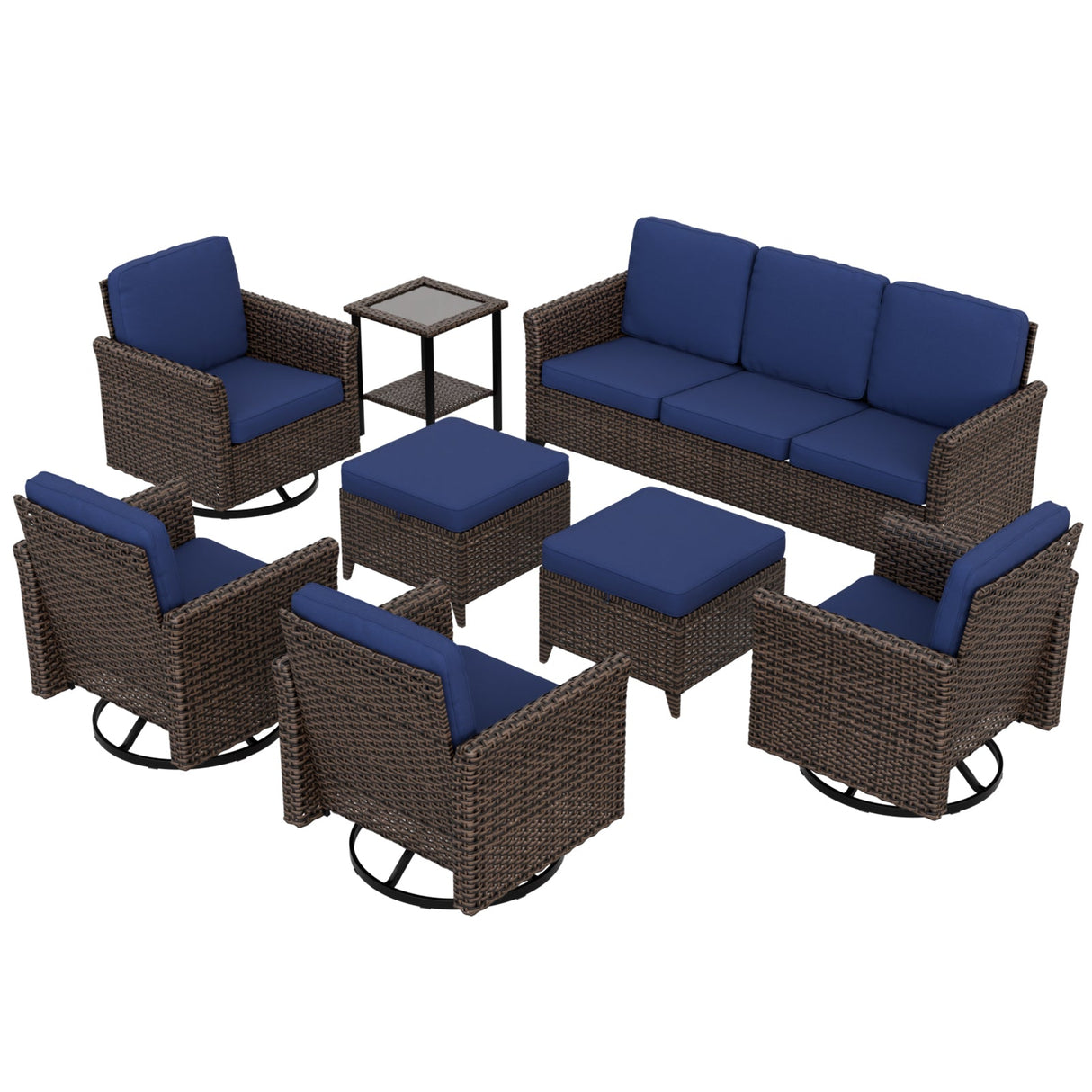 Ocean Vista Wicker Outdoor Patio Furniture Set, 4 Swivel Chairs Couch Ottomans Table, 8 Piece, Beige/Blue - Eagle Peak Custom Canopy Tent