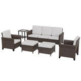 Ocean Vista Wicker Outdoor Patio Furniture Set, Couch Chairs Ottomans Table, 6 Piece, Beige/Blue - Eagle Peak Custom Canopy & Greenhouse