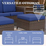 Ocean Vista Wicker Outdoor Patio Furniture Set, Couch Patio Chairs Ottomans, 5 Piece, Beige/Blue - Eagle Peak Custom Canopy Tent