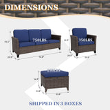 Ocean Vista Wicker Outdoor Patio Furniture Set, Couch Patio Chairs Ottomans, 5 Piece, Beige/Blue - Eagle Peak Custom Canopy Tent