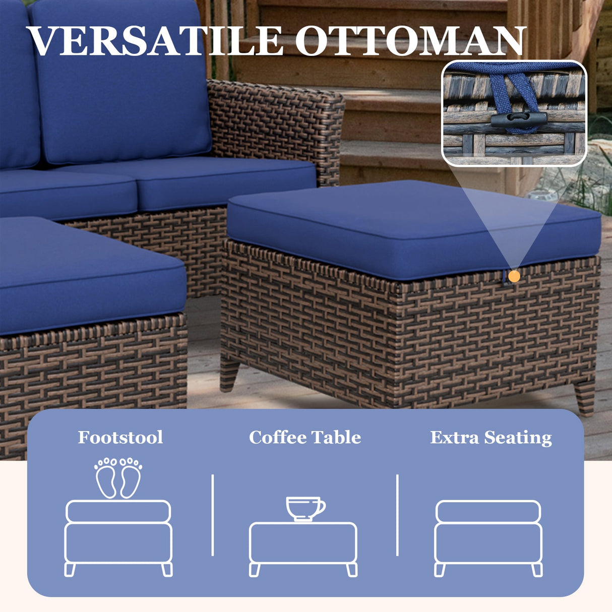 Ocean Vista Wicker Outdoor Patio Furniture Set, Couch Swivel Rocking Chairs Ottomans, 5 Piece, Beige/Blue - Eagle Peak Custom Canopy Tent