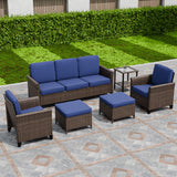 Ocean Vista Wicker Outdoor Patio Furniture Set, Loveseat Chairs Ottomans Table, 6 Piece, Beige/Blue - Eagle Peak Custom Canopy Tent