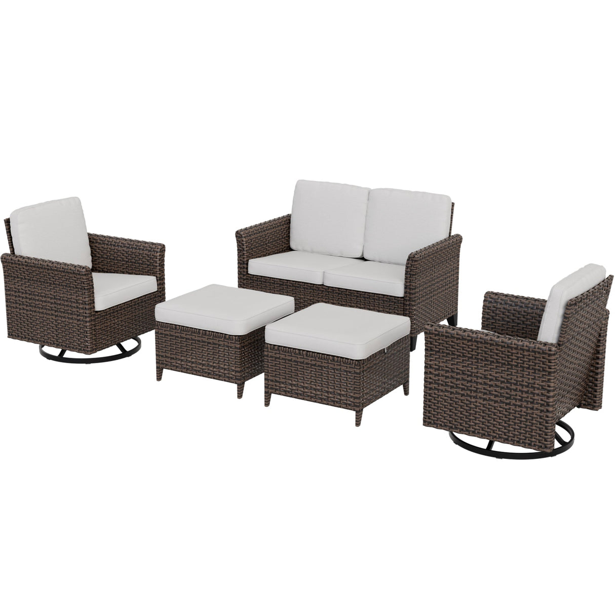 Ocean Vista Wicker Outdoor Patio Furniture Set, Loveseat Swivel Rocking Chairs Ottomans, 5 Piece, Beige/Blue - Eagle Peak Custom Canopy Tent