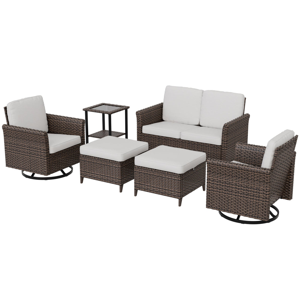 Ocean Vista Wicker Outdoor Patio Furniture Set, Loveseat Swivel Rocking Chairs Ottomans Table, 6 Piece, Brown/Beige - Eagle Peak Custom Canopy Tent