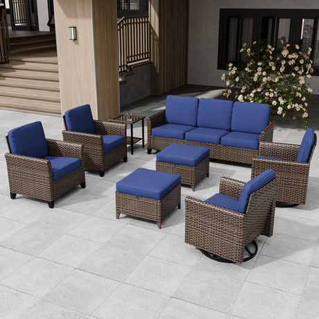 Ocean Vista Wicker Outdoor Patio Furniture Set, Patio and Swivel Chairs Couch Ottomans Table, 8 Piece, Beige/Blue - Eagle Peak Custom Canopy Tent