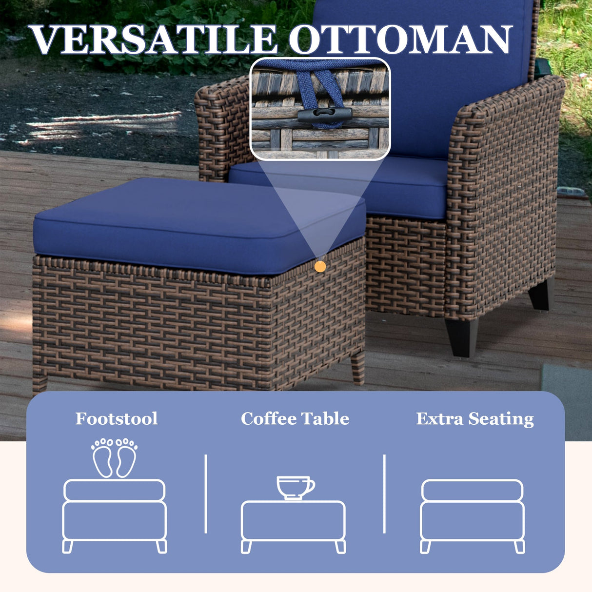 Ocean Vista Wicker Outdoor Patio Seating Set, Patio Chairs and Ottomans, 4 Pieces, Beige/Blue - Eagle Peak Custom Canopy Tent