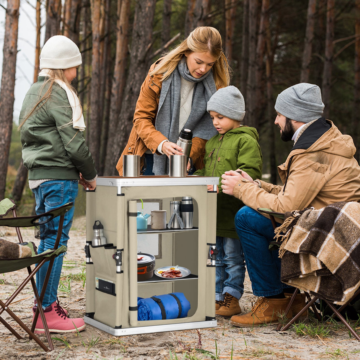 Outdoor Camping Pop Up Folding Table with Large 3 - Tier Storage Organizer and Side Pockets - Eagle Peak Custom Canopy Tent