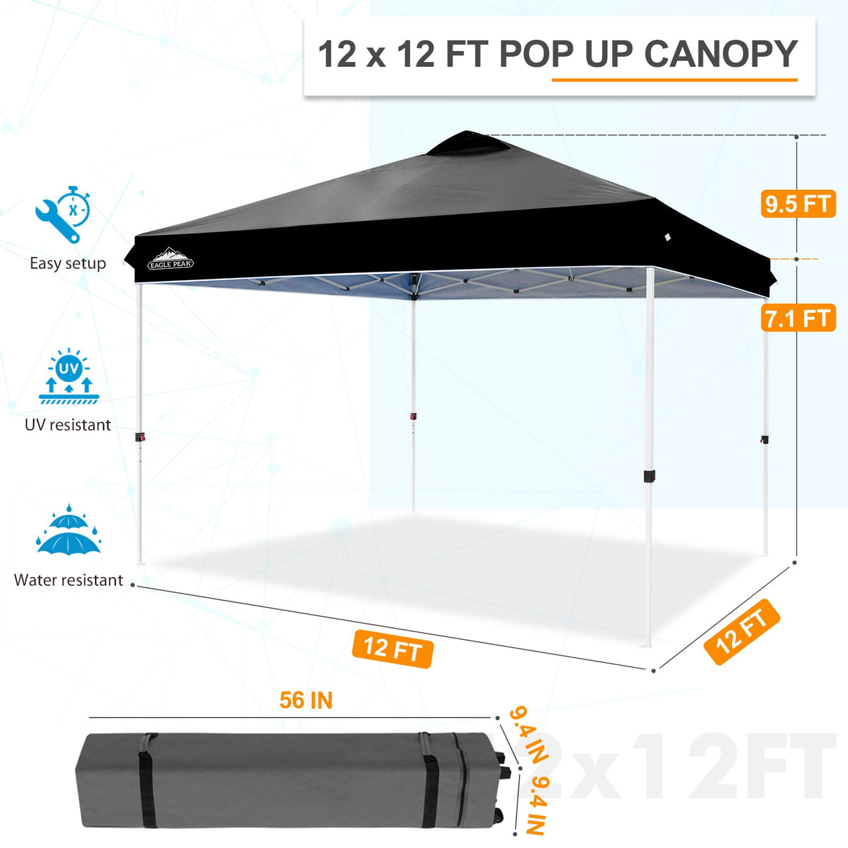 Pop Up Canopy Tent with Wheeled Carry Bag, 8 Stakes, 4 Ropes, 4 Weight Bags, 12x12 ft - Eagle Peak Custom Canopy Tent