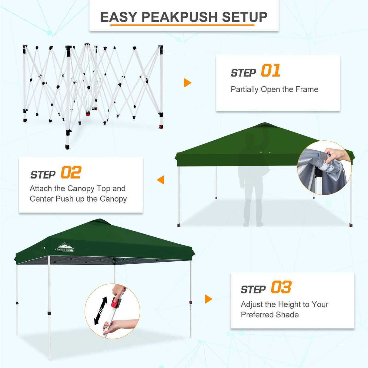 Pop Up Canopy Tent with Wheeled Carry Bag, 8 Stakes, 4 Ropes, 4 Weight Bags, 12x12 ft - Eagle Peak Custom Canopy Tent