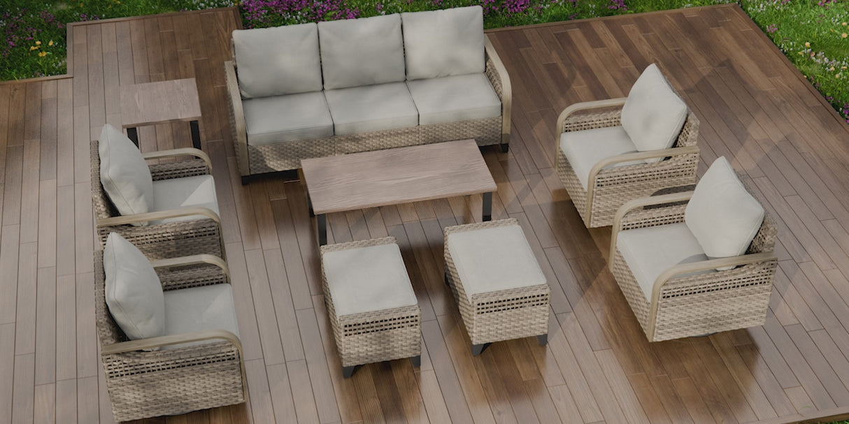 Modern Wicker Outdoor Furniture Set, 2 Patio Chairs, 2-Seat Loveseat, 2 Ottomans and Coffee Table, 6 Pieces, Brown/Gray