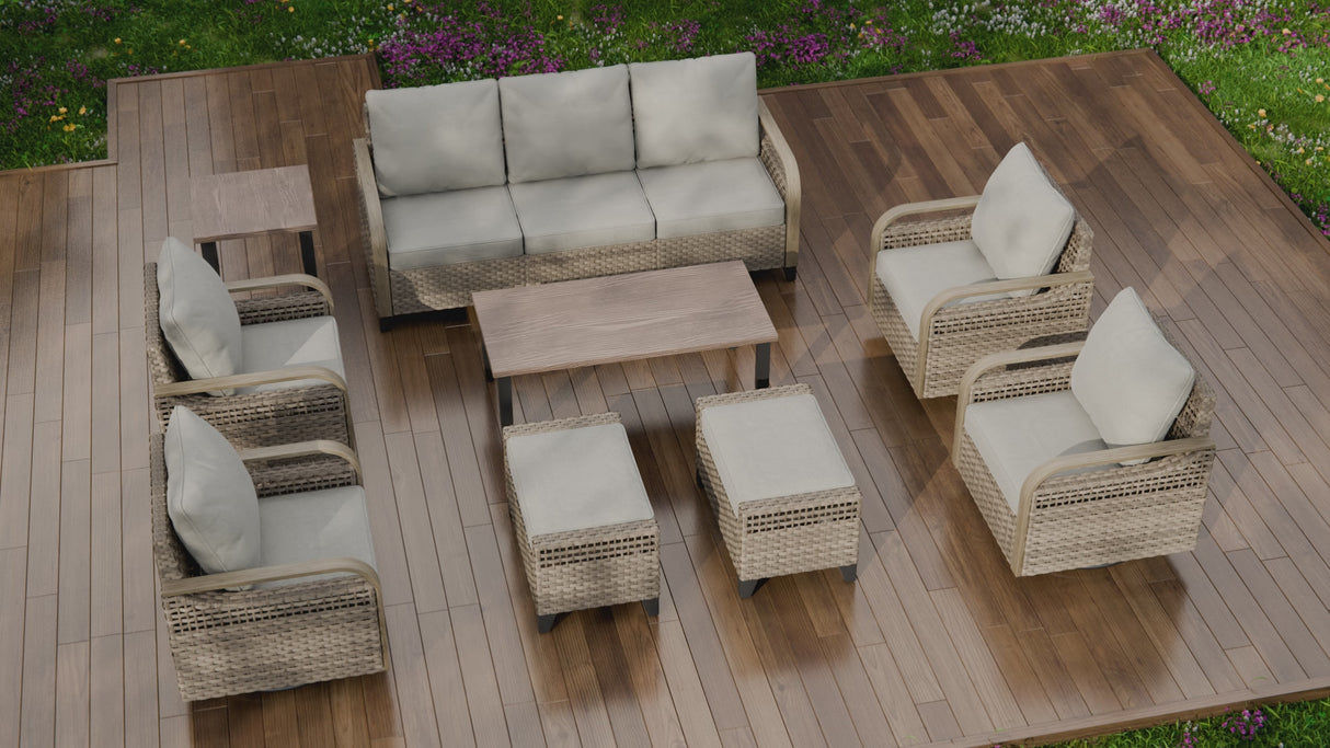 Modern Wicker Outdoor Patio Furniture Set,2 Swivel Rocking Chairs, 2-Seat Loveseat and 2 Ottomans, 5 Pieces, Brown/Gray