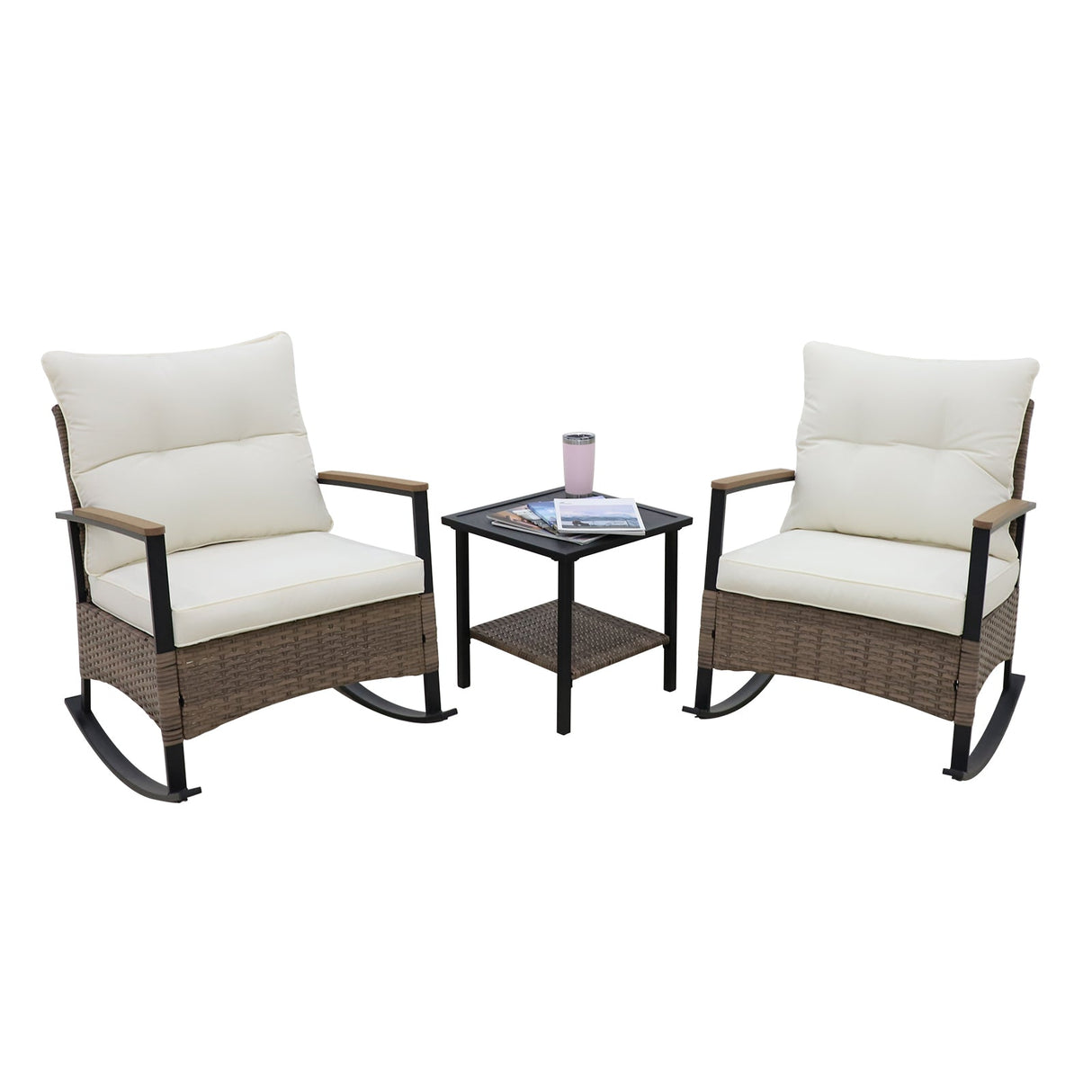 Rattan Wicker Furniture Set with Plush Removable Cushions, 3 Piece Bistro Patio Set, Gray/Beige - Eagle Peak Custom Canopy Tent