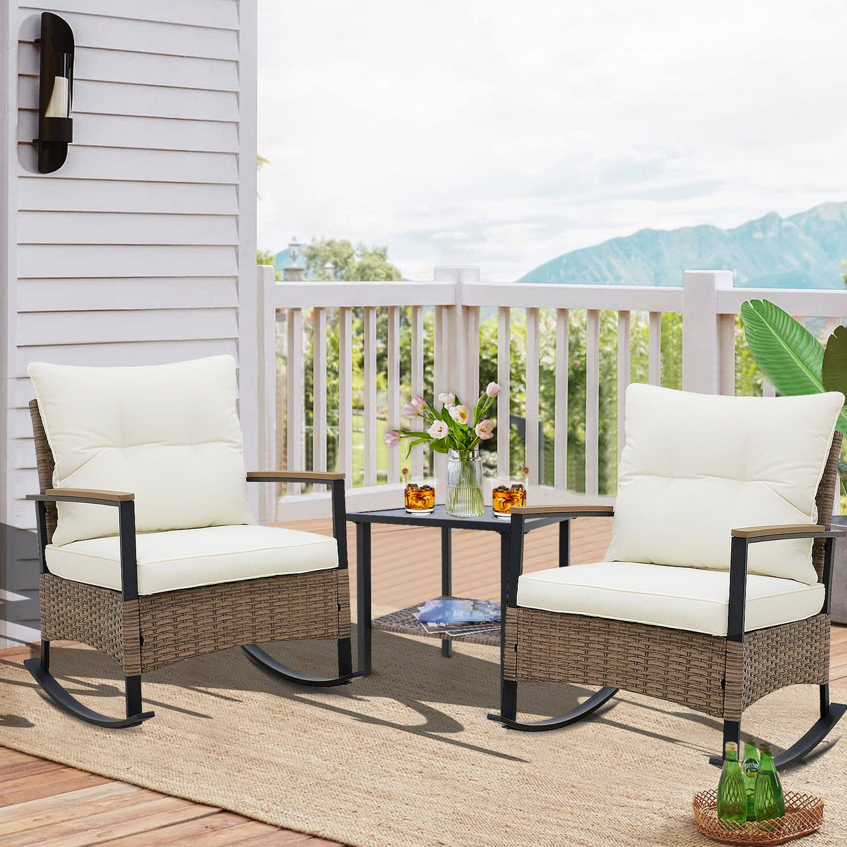 Rattan Wicker Furniture Set with Plush Removable Cushions, 3 Piece Bistro Patio Set, Gray/Beige - Eagle Peak Custom Canopy Tent