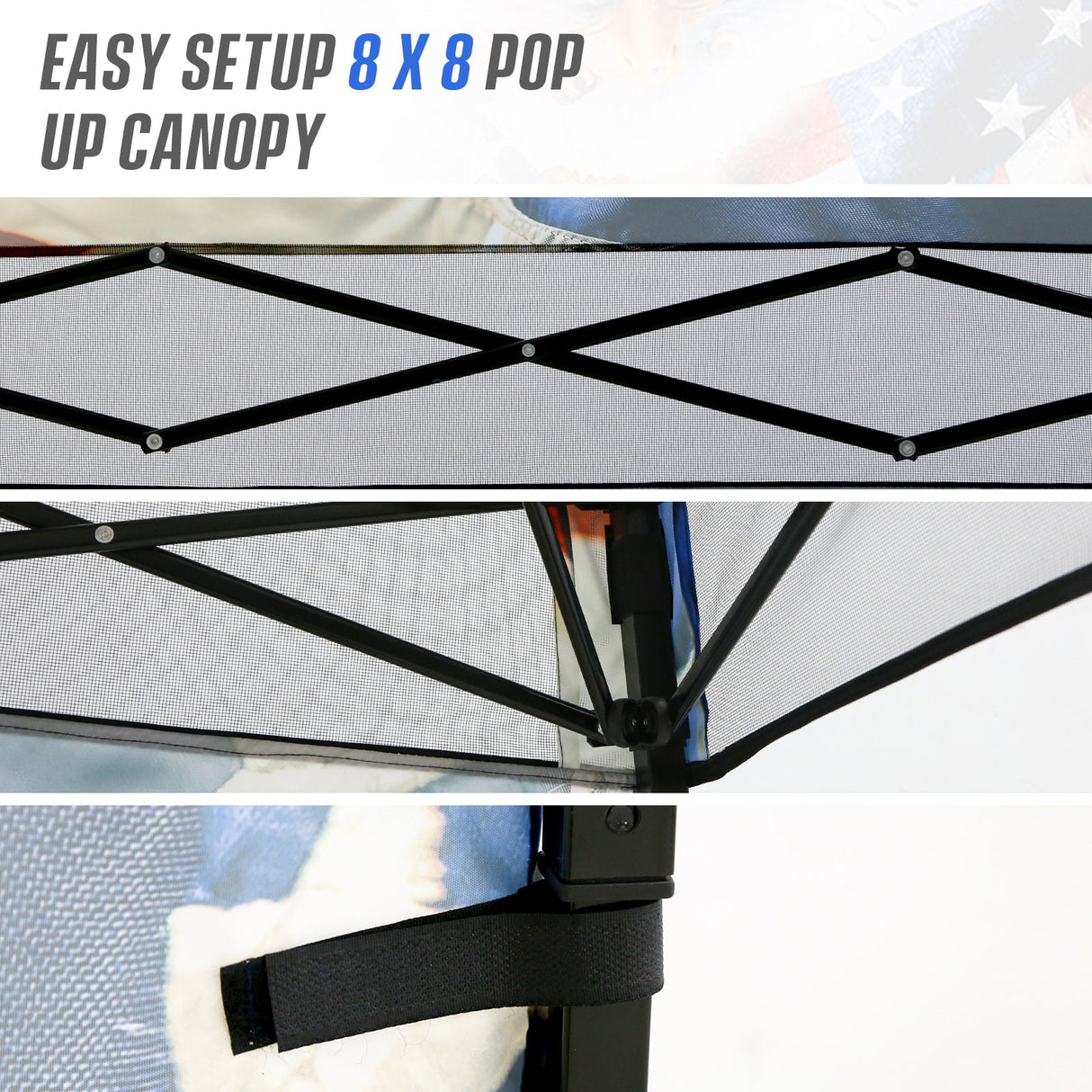 SHADE GRAPHiX Day Tripper 8x8 Pop Up Canopy Tent with Digital Printed Top, Stars and Stripes - Eagle Peak Custom Canopy Tent