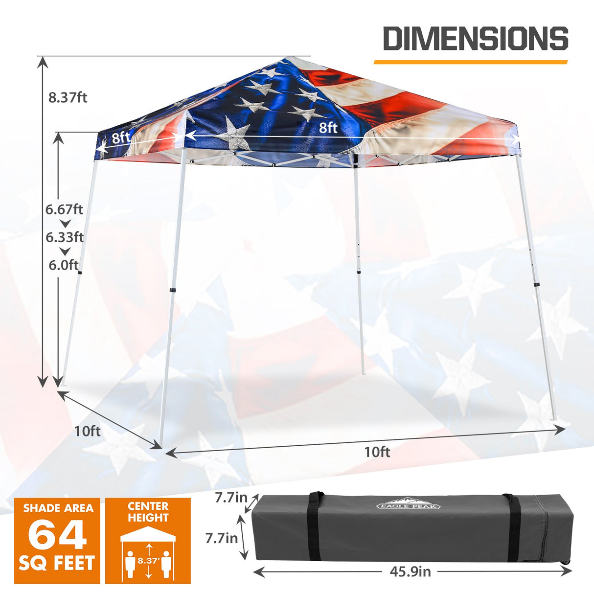 SHADE GRAPHiX Slant Leg Easy Setup Pop Up Canopy Tent with Digital Printed Stars and Stripes Top,10x10 Base 8x8 Top - Eagle Peak Custom Canopy Tent