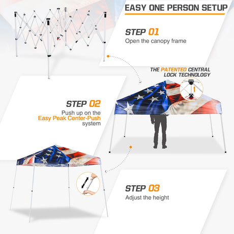 SHADE GRAPHiX Slant Leg Easy Setup Pop Up Canopy Tent with Digital Printed Stars and Stripes Top,10x10 Base 8x8 Top - Eagle Peak Custom Canopy Tent