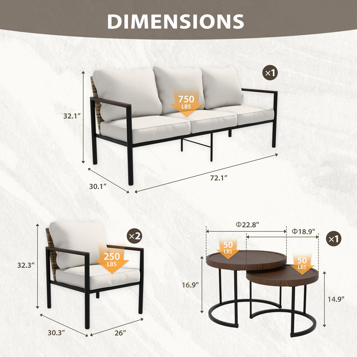 Sunset Dune Outdoor Patio Furniture, 2 Chairs 1 Couch 2 Tables, 5 - Piece Set - Eagle Peak Custom Canopy Tent