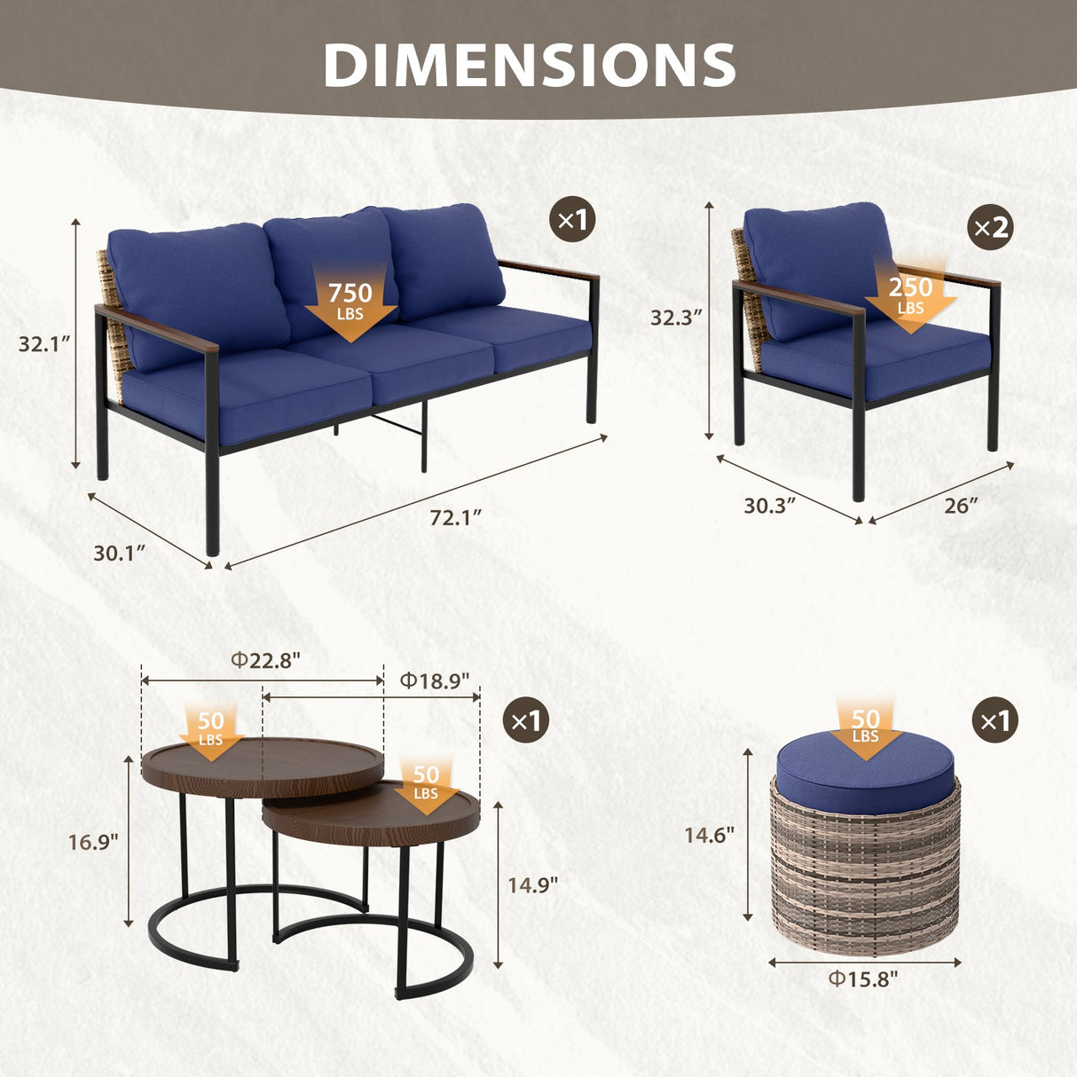 Sunset Dune Outdoor Patio Furniture, 2 Chairs 1 Couch 2 Tables Ottoman, 6 - Piece Set - Eagle Peak Custom Canopy Tent