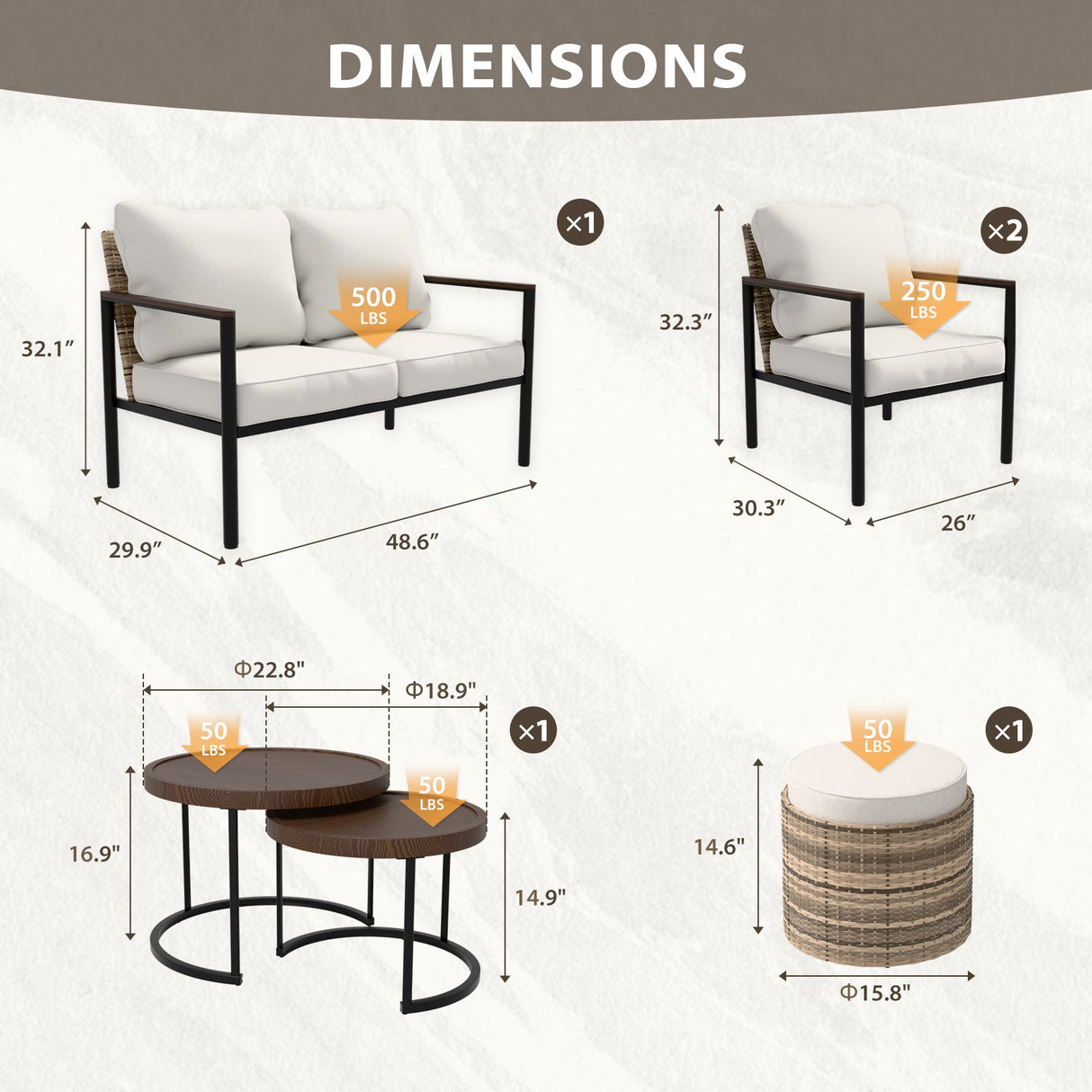 Sunset Dune Outdoor Patio Furniture, 2 Chairs 1 Loveseat 2 Tables Ottoman, 6 - Piece Set - Eagle Peak Custom Canopy Tent