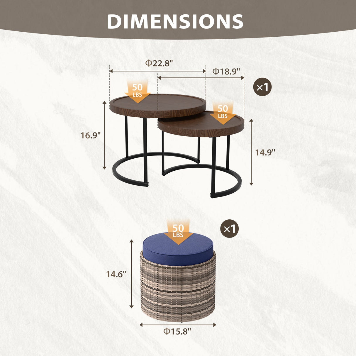 Sunset Dune Outdoor Patio Furniture, Set of 2 Nesting Coffee Tables 1 Ottoman - Eagle Peak Custom Canopy Tent