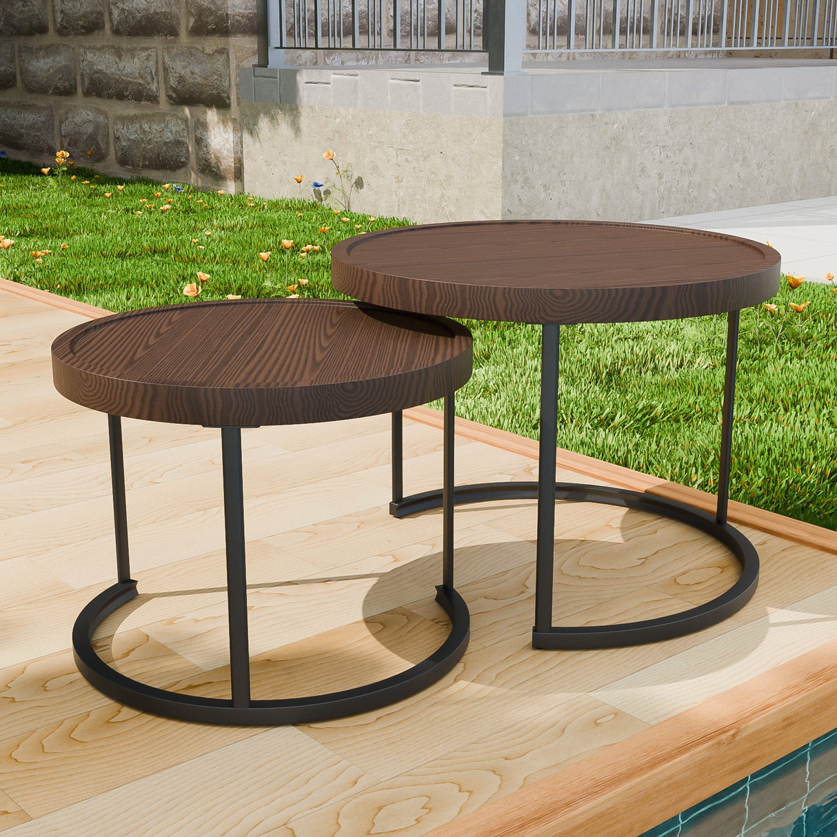 Sunset Dune Outdoor Round Modern Nesting Coffee Tables, Set of 2, Brown - Eagle Peak Custom Canopy Tent