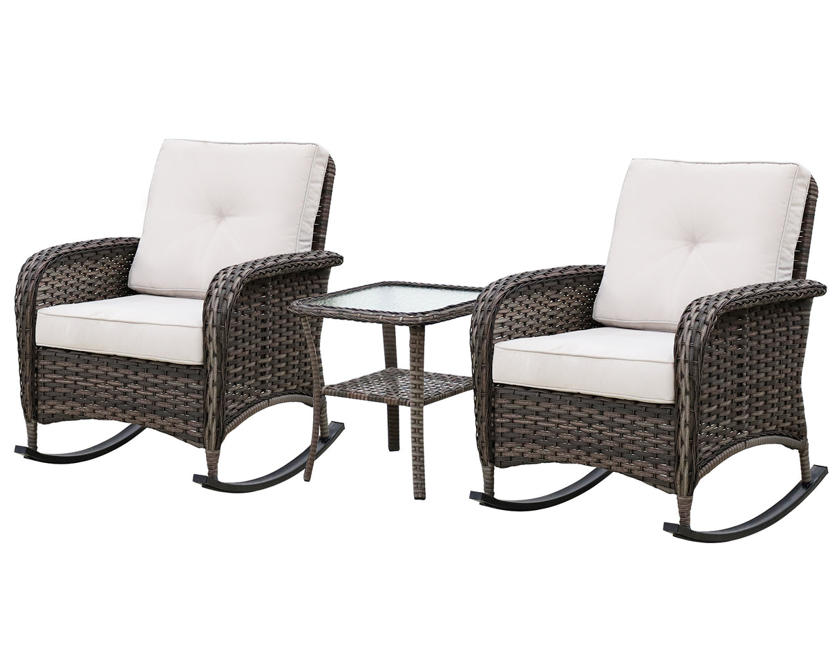 3 PCS Rustic Veranda Patio Bistro Set, Rocking Chairs with Side Table, Gray/Beige