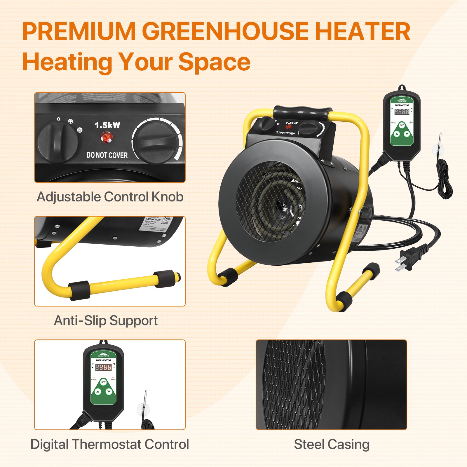 Eagle Peak Greenhouse Heater Fan with Digital Thermostat Controller, Black